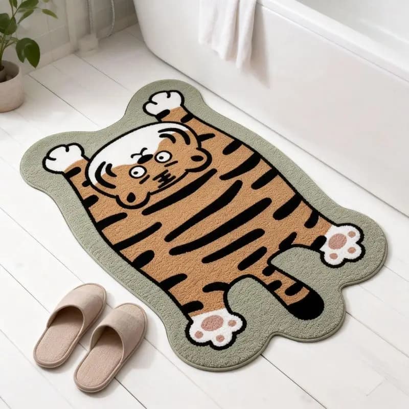 VIKAMA Cartoon Lying Tiger Irregular Shaggy Floor Mat Cute Animal Non Slip Absorbent Rug Bathroom Bedside Home Decor