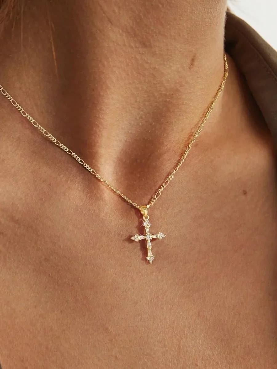 Collana con croce da donna, collana con ciondolo a croce placcata oro 14K, collane con croce in oro delicato.