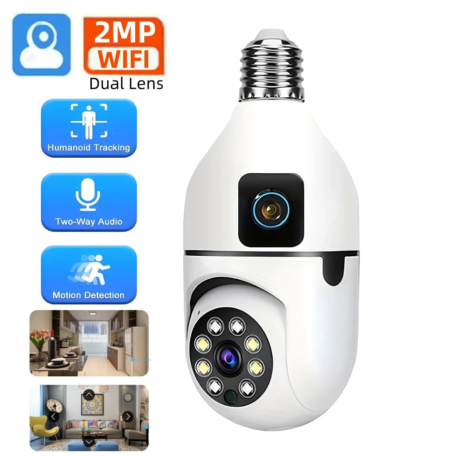 Telecamera di sorveglianza a doppia lente da 2 MP E27 Lampadina per visione notturna Telecamera Wi-Fi con monitor di sicurezza automatico a colori per traccia umana