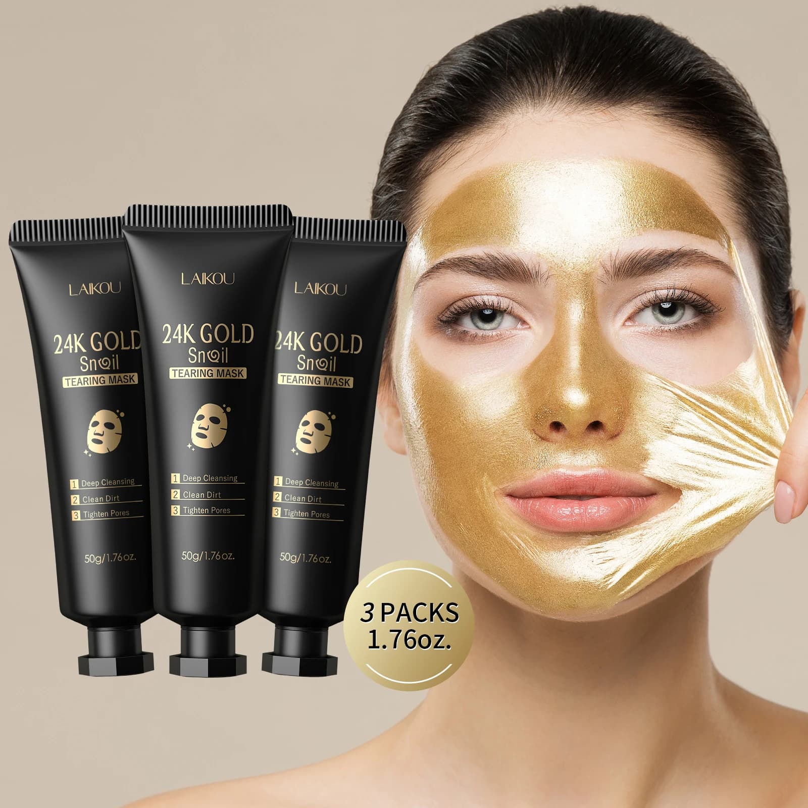 LAIKOU 24K Gold Lumaca Peel-Off Mask 3PCS Deep Cleansing of the Poor Strengthening of Comedone Detoxifying Treatment Face 50g
