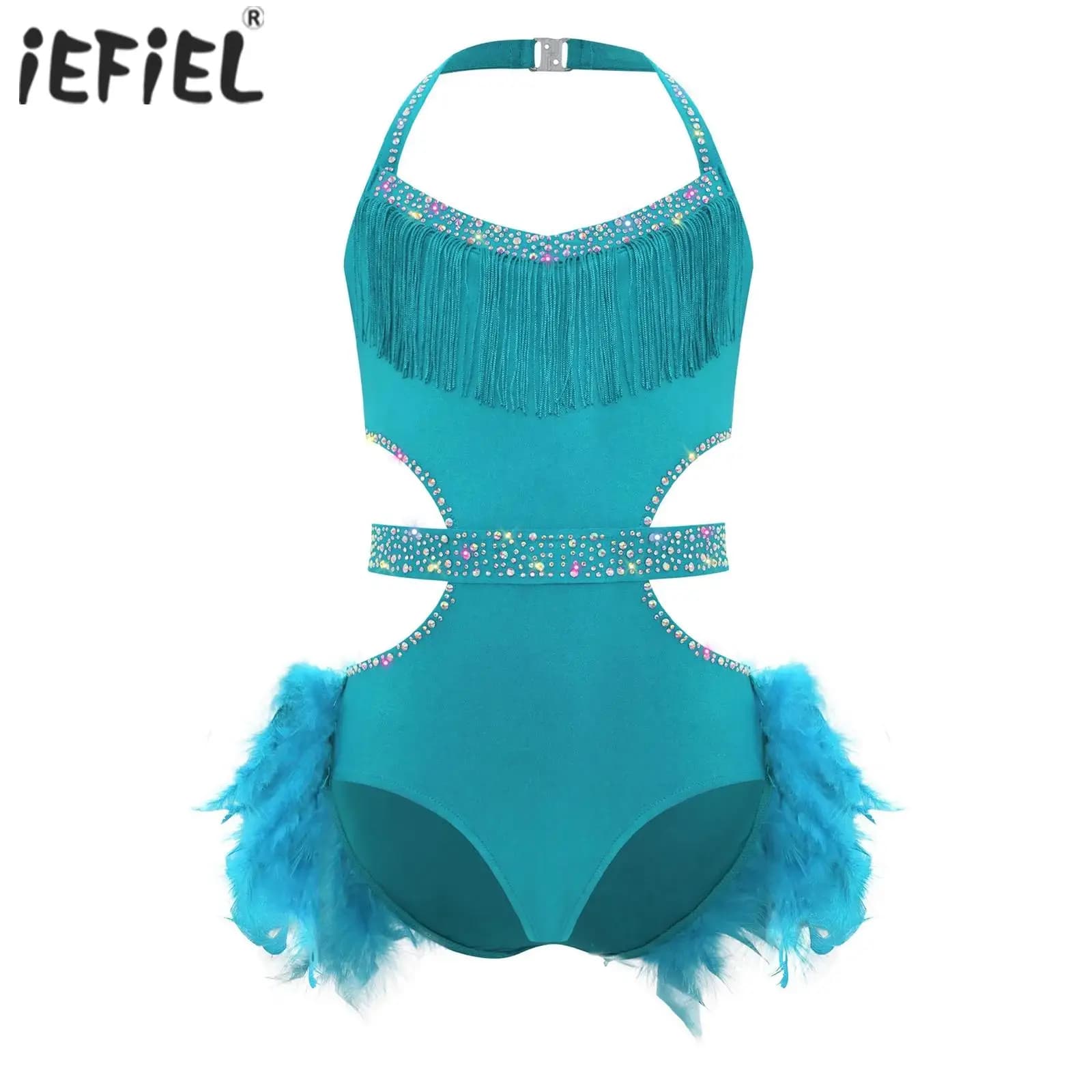 Kids Girls Latin Jazz Dance Dress Rhinestones Feather Skirted Leotard Sparkly Costume for Dance Competition Stage Performance