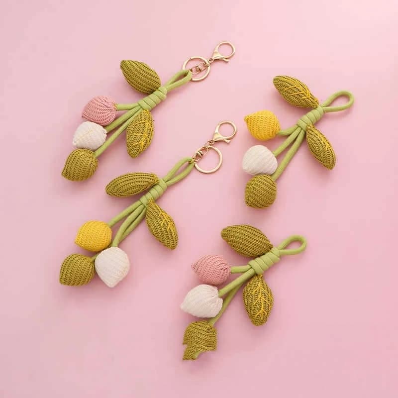 Handmade Knitted Flower Fruit Brooch Pendant Keychain Cute Botanical Pin for Clothes Bag Backpack Trendy Accessory 3pcs