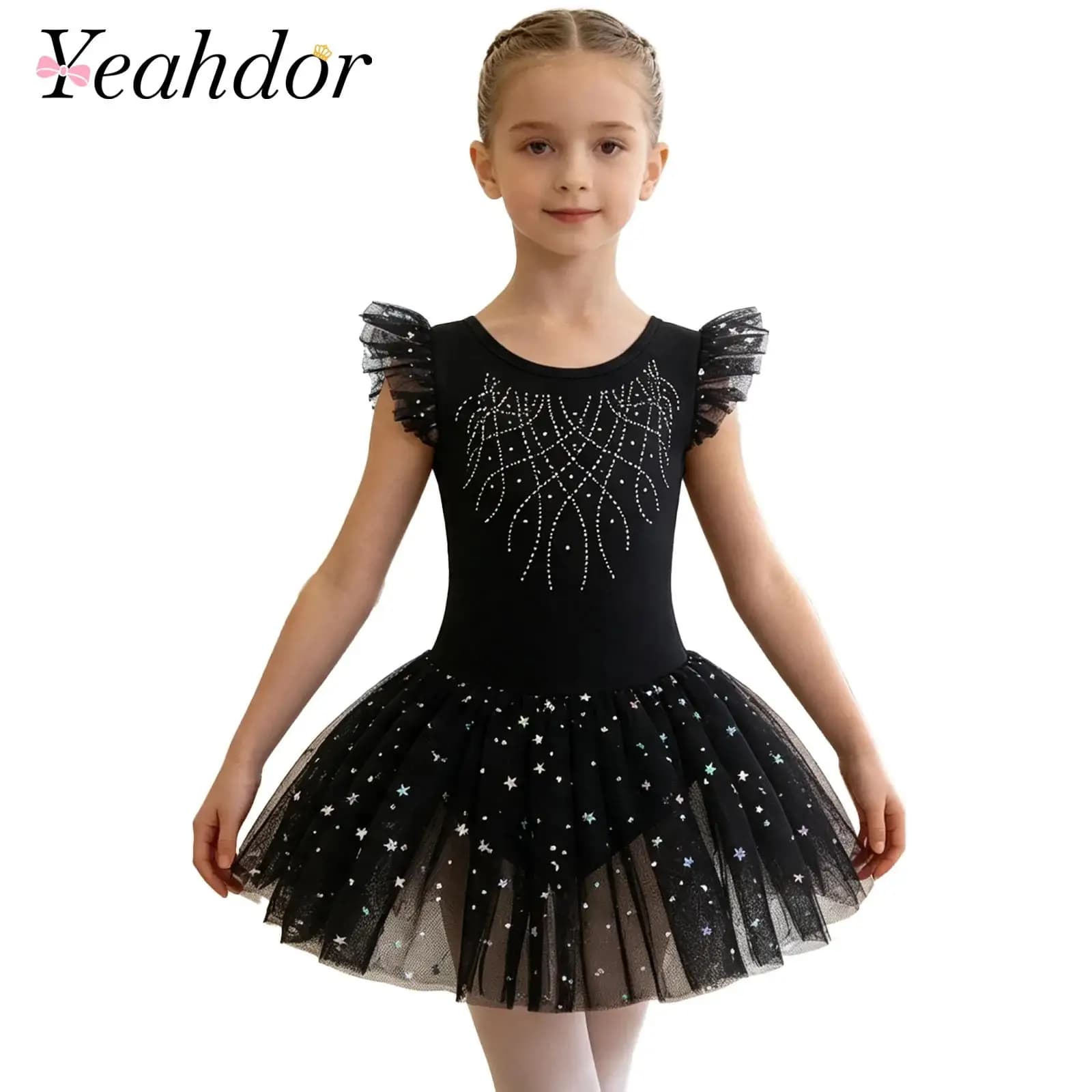 Kids Girls Figure Ice Skating Ballet Dance Dress Cross Back Mesh Patchwork Shiny Rhinestone Tutu Dress Gymnastics Leotard