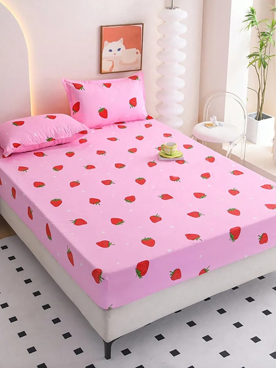 Strawberry Print Fitted Sheet For Adult Bed Pink Soft Comfortable Home Bedroom Use