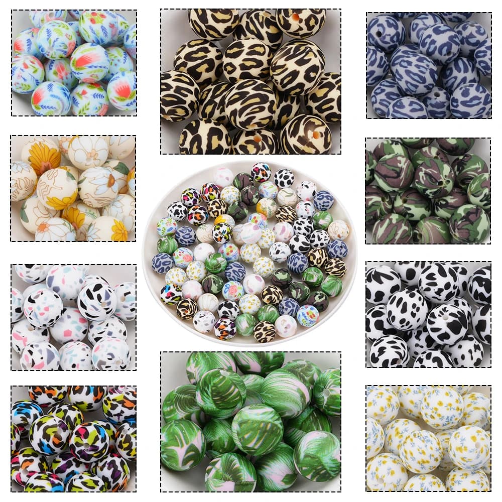 LOFCA 10 Pz/lotto Perline di Silicone Stampate 15mm Rotondo Leopardo Terrazzo Camo Perline di Silicone Per La Produzione di Gioielli Accessori FAI DA TE