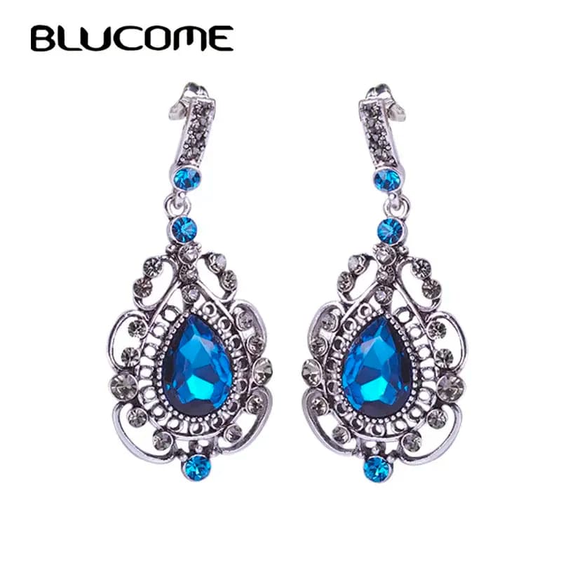 Blucome Vintage Royal Orecchini lunghi blu Goccia Pendientes Max Brincos Bijuterias Gioielli turchi Bijoux per la cerimonia nuziale nuziale