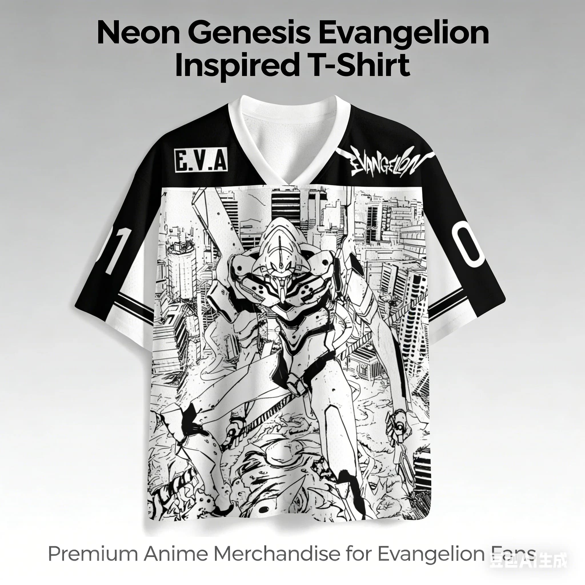 Felpa da Uomo Evangelion Unit-01 Bianco e Nero con Stampa Fumetto, T-shirt a Maniche Corte con Scollo a V EVA, Abbigliamento Casual Streetwear per Appassionati di Anime e Mecha