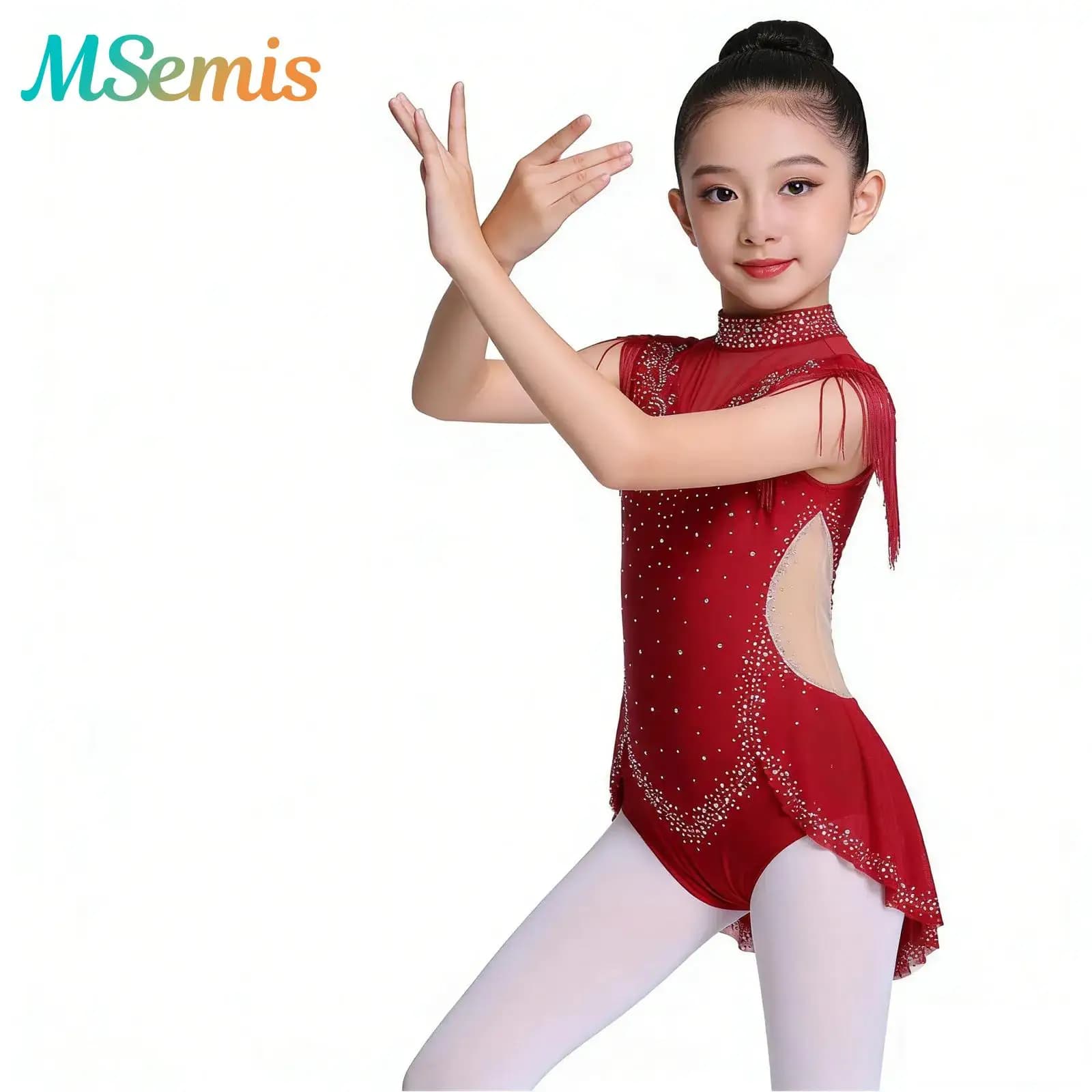Bambini Ragazze Ginnastica Pattinaggio di Figura Artistico Maglia da Balletto Body da Ballo Costume Sheer Mesh Lucido Strass Tuta Tuta