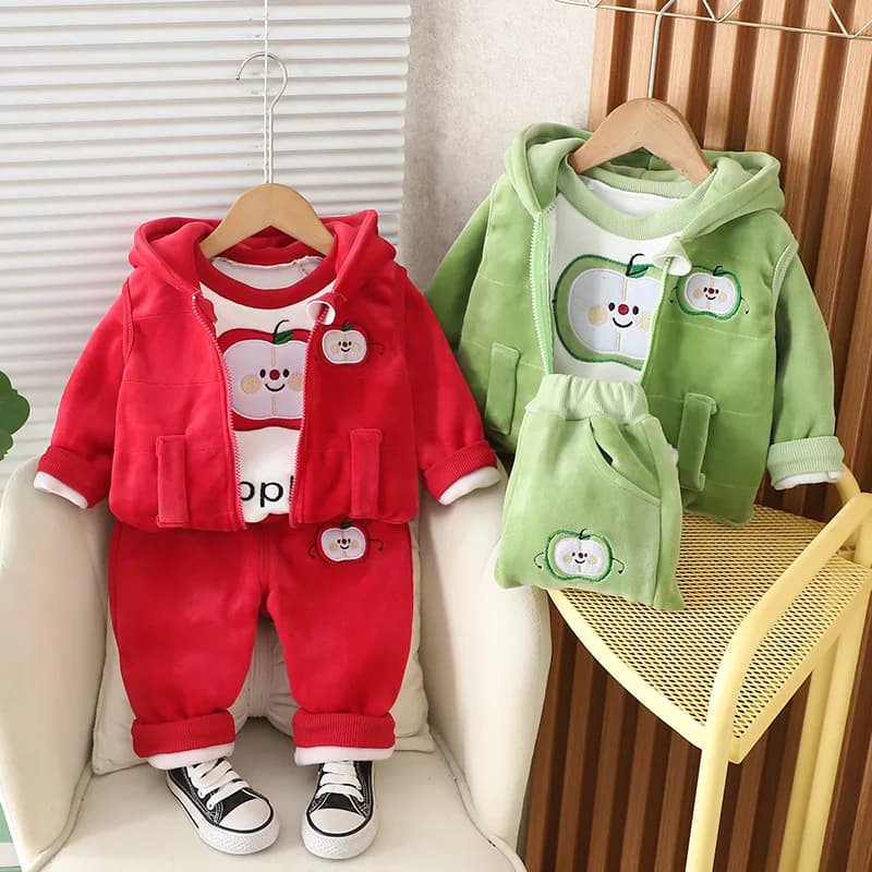 Children's Set Autumn/Winter Boys' Girls' Apple Cartoon Double sided Velvet Hoodie Set InfantsYoung Children Warm 3-Piece Set
