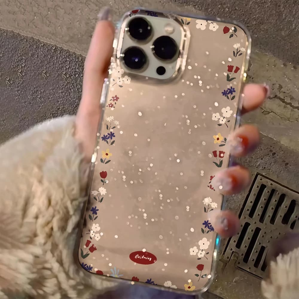 Creative Flower Border Clear Glitter Phone Case For iPhone 17 15 13 16 12 11 14 Pro Max 17 Air XR X 16e Cases Shockproof Cover