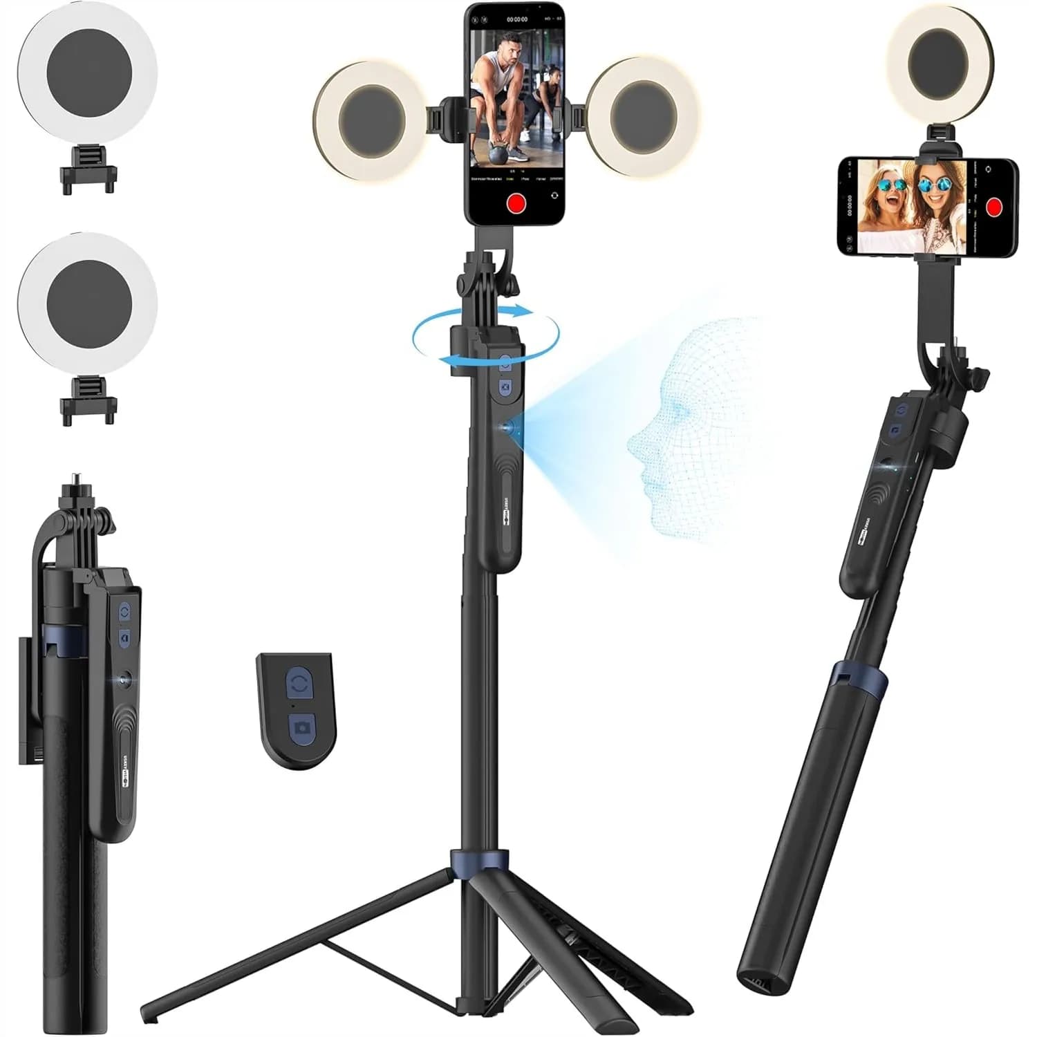 Treppiede per Selfie con Tracciamento Automatico del Viso, Rotazione a 360°, Luce di Riempimento e Telecomando, Asta Regolabile da 70 Pollici per iPhone