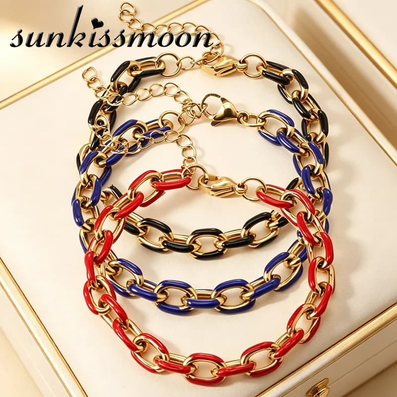 Stainless Steel Colorful Enamel Chain & Link Bracelets Trendy Gold Plated Colorful Glazed Charm Bracelet Jewelry Gift For Women