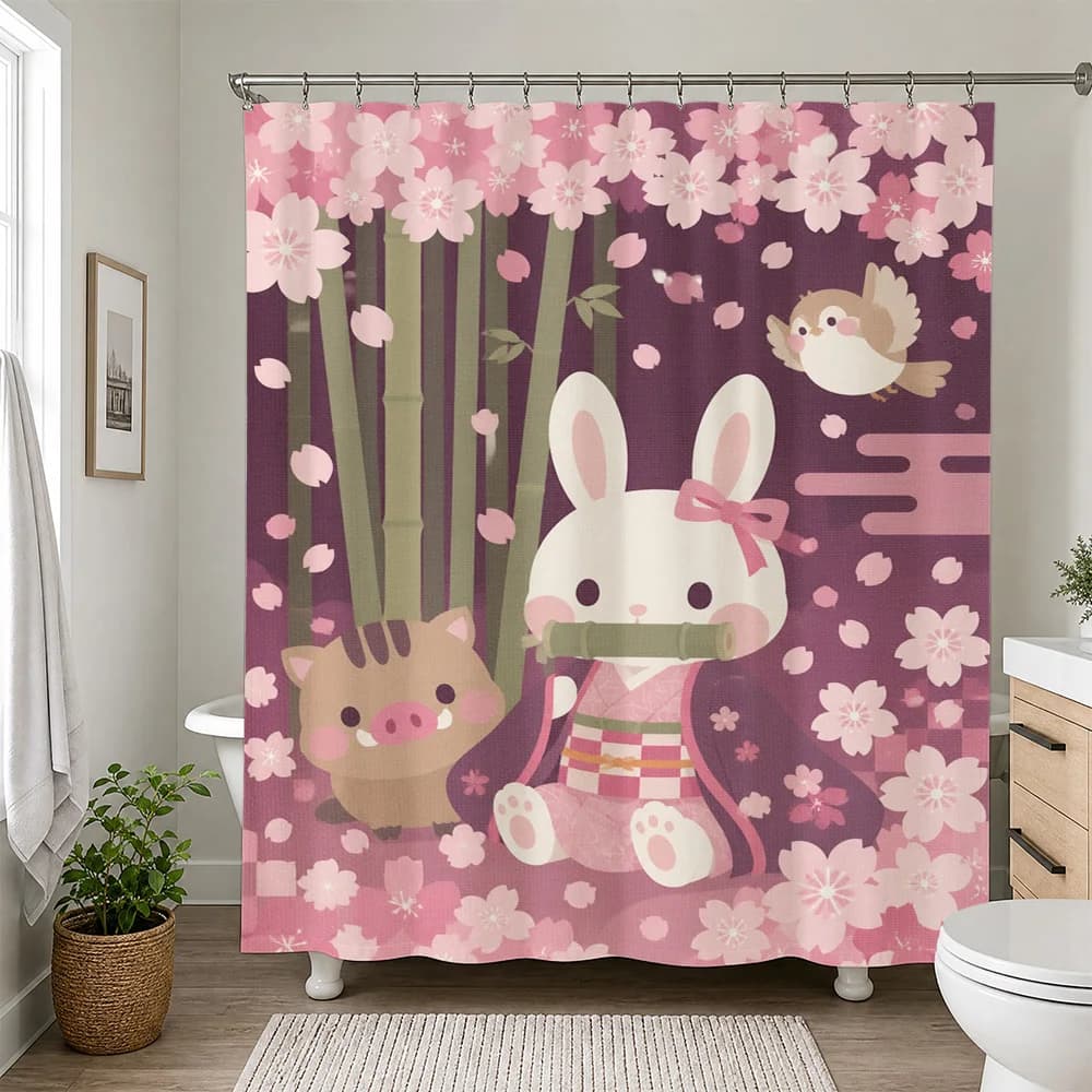 Cute Cartoon Animals Shower Curtain Pink Floral Bathroom Decor Nursery Shower Curtain Waterproof