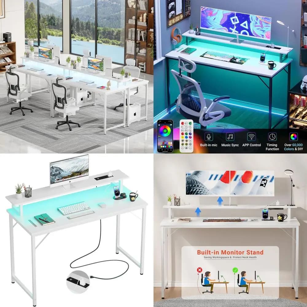 Scrivania da gioco bianca a 47 LED con prese di corrente, scrivania moderna per ufficio domestico per piccoli spazi con ripiano per monitor