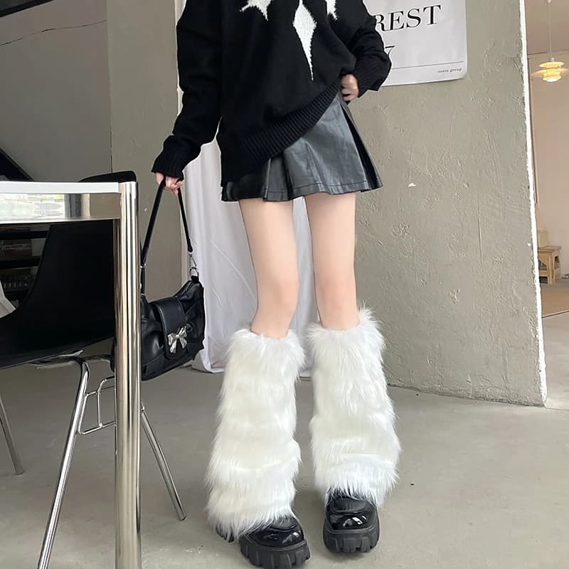 Y2K Goth Solid Leg Socks Punk al ginocchio Moda Calzino caldo Scaldamuscoli in pelliccia sintetica bianca Copristivali