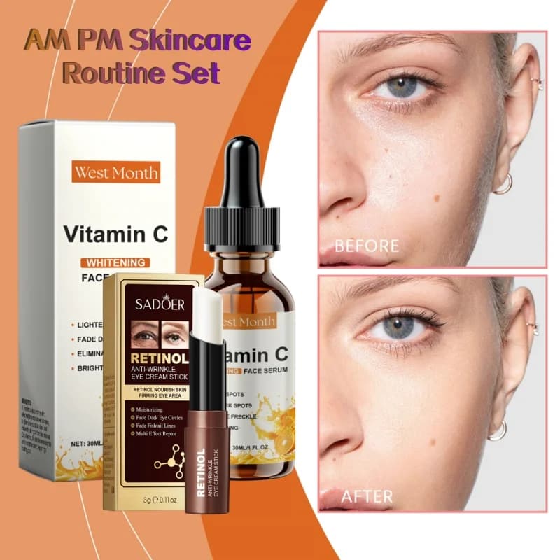 Vitamin C Serum & Retinol Eye Stick Set–Brightening Anti-Aging Skincare Duo,Reduces Fine Lines & Dark Circles, Gentle Daily Care