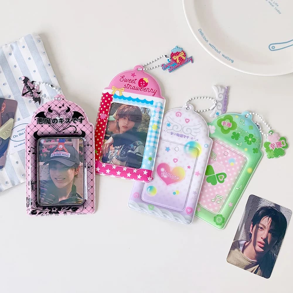 Kpop Cartoon 4 Leaf Clover PVC 3-Inch Photo Card Holder Cute Girl Idol Photo Storage Card Bag Decoration Keychain Pendant Gifts