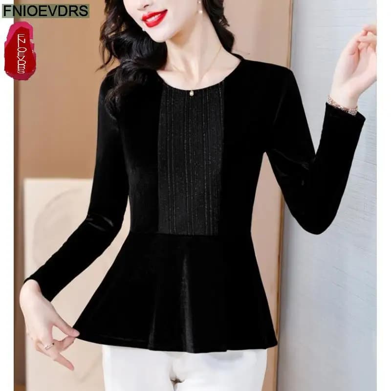 S-4XL Bling Black Top Women Winter Basic Warm Wear New Design Retro Vintage French Design Peplo Shirts Top Velvet Shirts