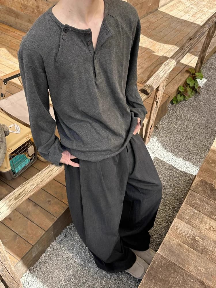 American Slouchy Henley T-shirt a maniche lunghe da uomo Primavera Autunno Camicia oversize Top Solid Grey Casual Base Layer Soft Lounge Tee