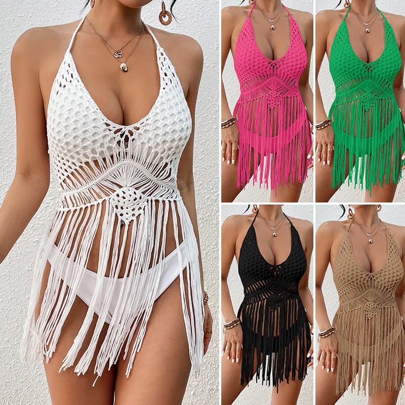 Beach women's Crochet Knitting Sexy bands Swimwear Hollow-out Long nappa Bikini Cover up Summer Vacation Top costume da bagno