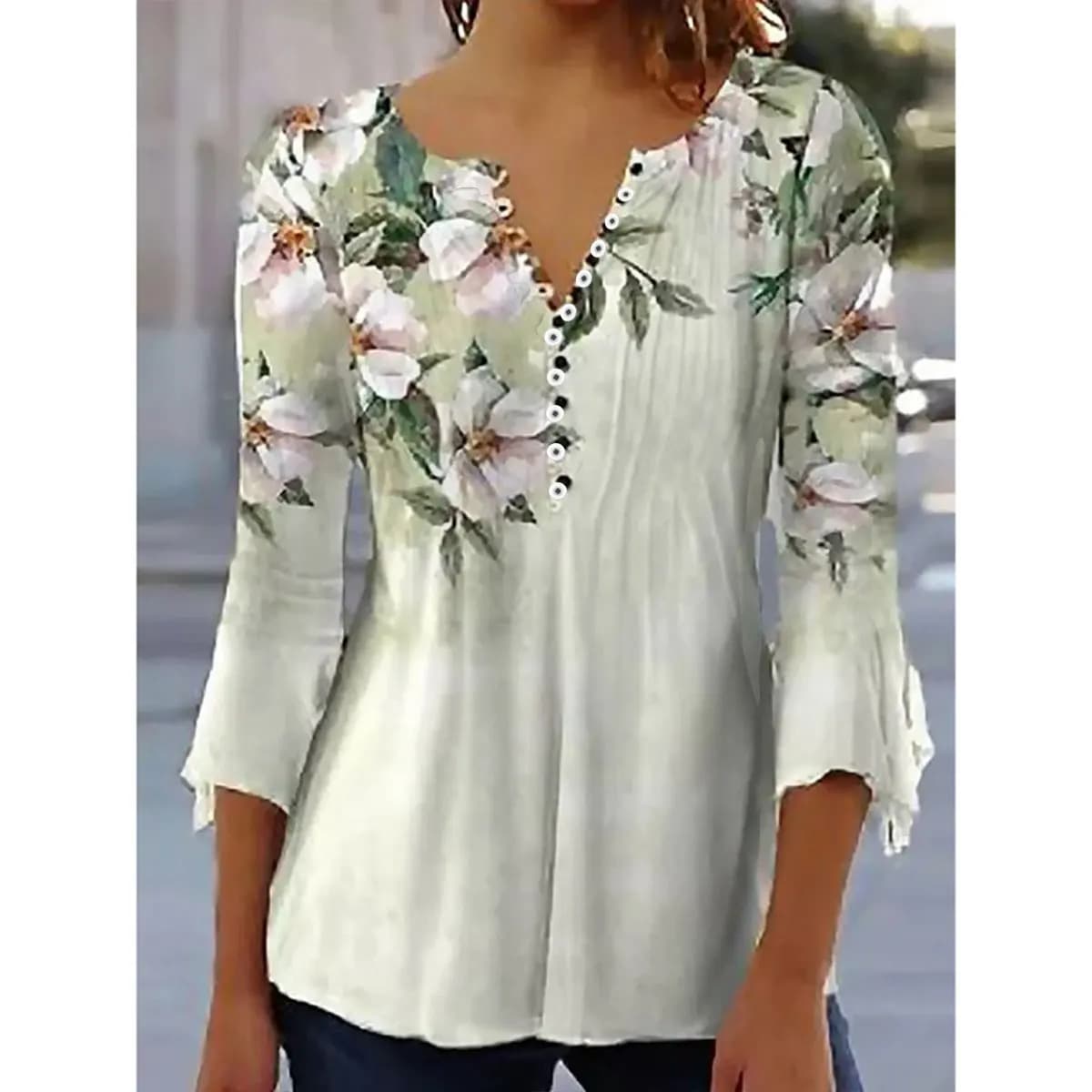 T-shirt con bottoni con scollo a V da donna estiva Street New Fashion Camicia con maniche a sette punti allentata T-shirt con scollo a V casual stampata in 3D Top