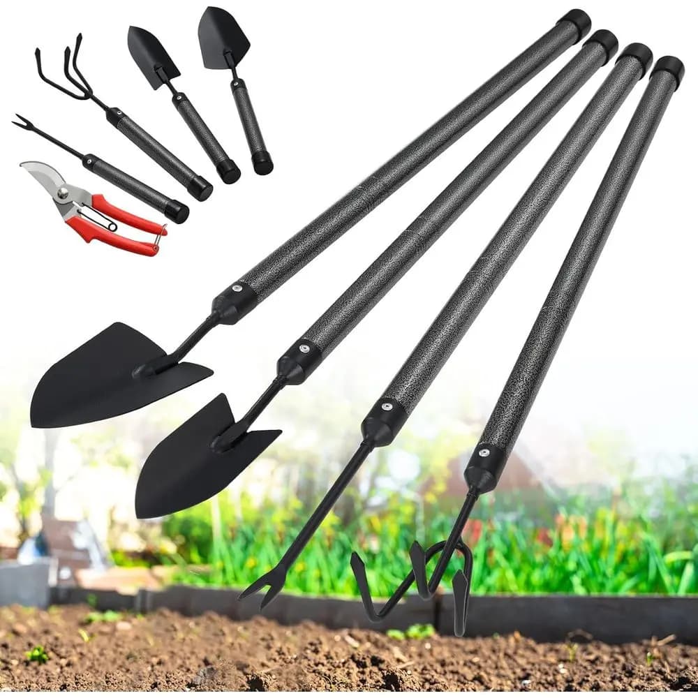 Set di 5 Attrezzi da Giardino in Acciaio Inossidabile con Manico Lungo per Adulti e Bambini: Paletti, Rastrello, Estirpatore, Cesoie da Potatura