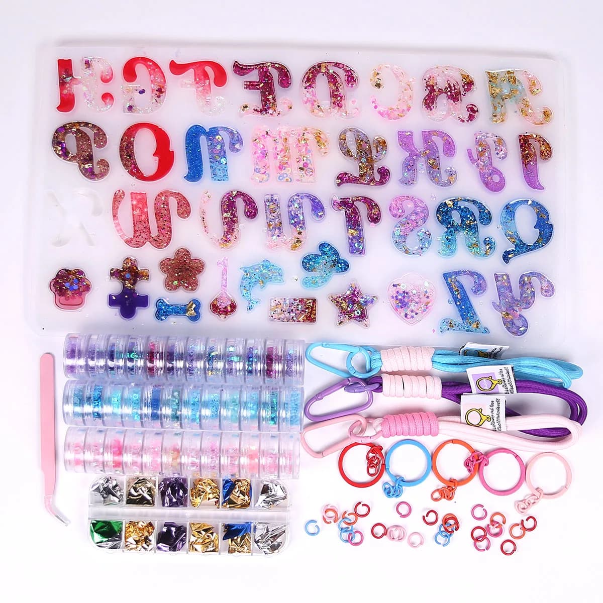 Kit di Stampi in Resina per Lettere con Polvere Glitterata, Accessori per Portachiavi, Materiali per Arte in Resina Fai-da-Te, Creazione di Gioielli in Resina Epossidica