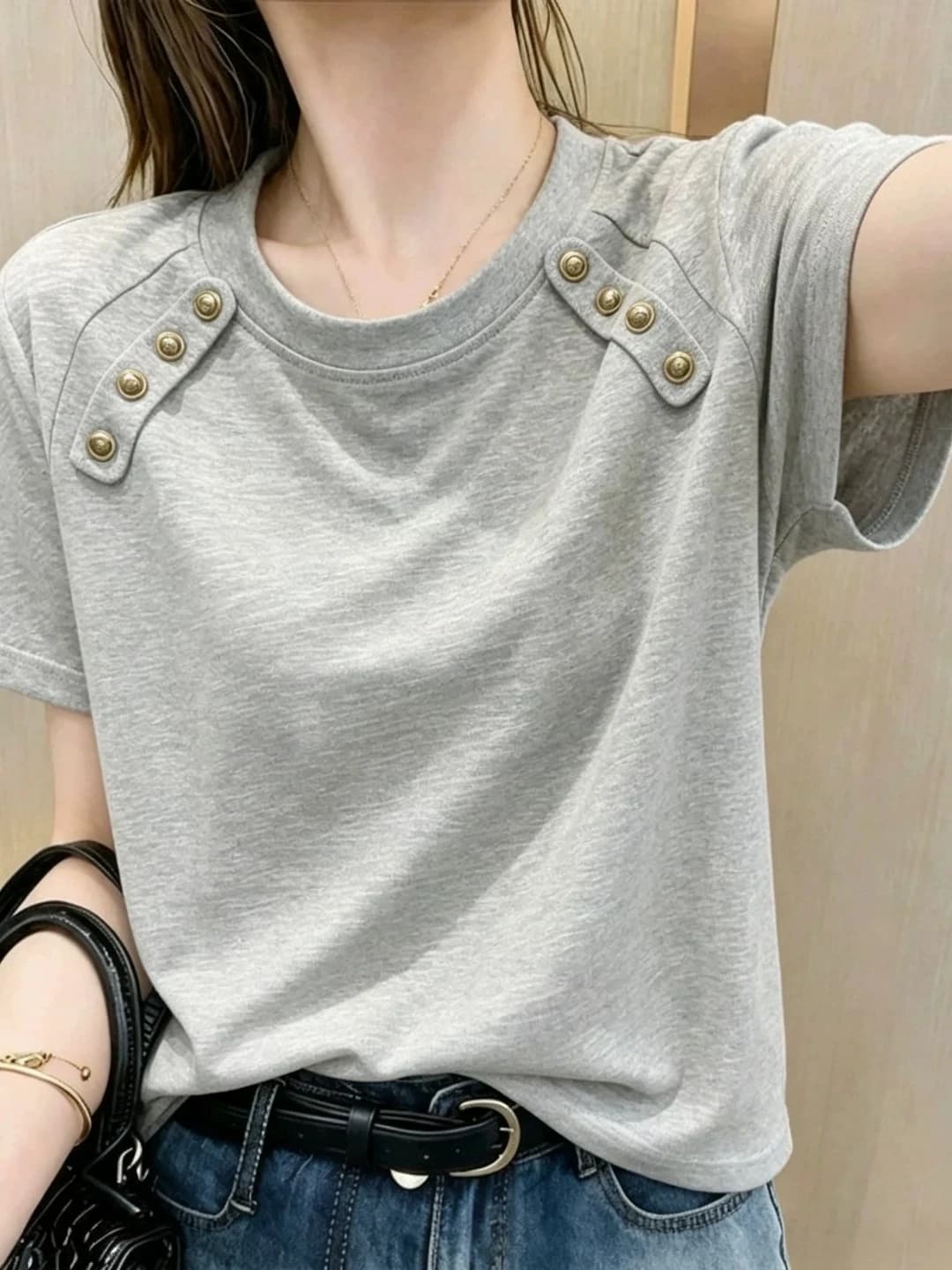 Grey round Neck Short Sleeve Pure Cotton Women's T-shirt Summer Slimming Stylish Top Commute Style Korean Version Regular Fit