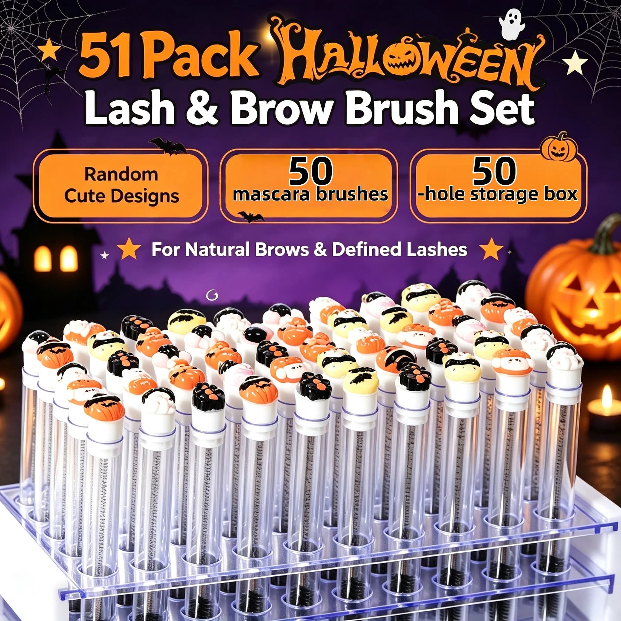51PackHalloween Mascara Wands 50 Spoolies with Storage Case,Pro Eyelash Extension Brushes,Eyebrow Grooming Makeup Tool Kit Gifts