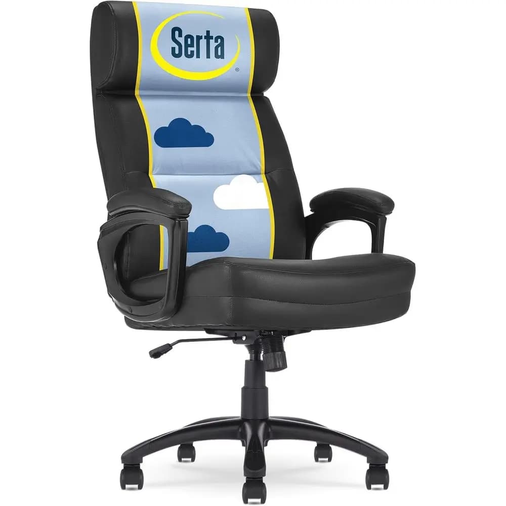 Sedia da scrivania ergonomica con schienale alto per persone alte e robuste, cuscino semi-morbido, braccioli imbottiti, base in metallo, pelle sintetica, nera