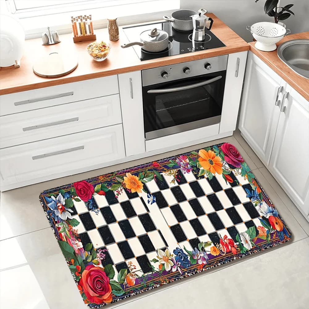 Un tappetino da cucina a quadri floreali - Morbido, resistente, antiscivolo, lavabile in lavatrice, ideale per camere da letto, aree lavanderia, corridoi, se