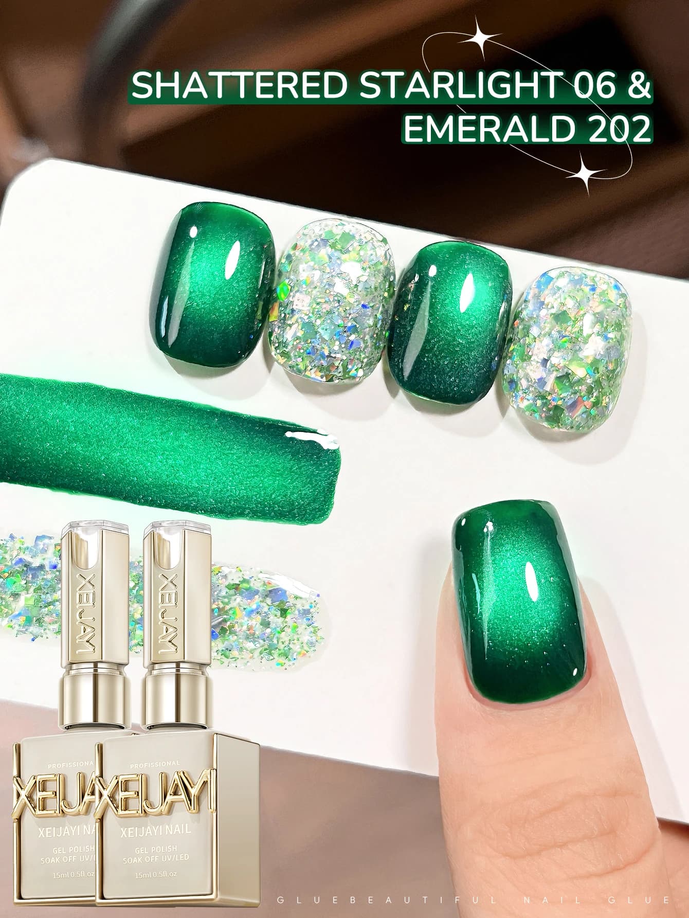 XEJAYI 2 pezzi 15 ml set di smalti per unghie gel verde cat eye, gel per unghie UV LED ammollo, semipermanente, gel per nail art di qualità salone fai da te