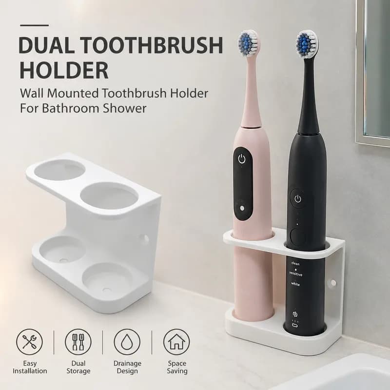 2 Slot Toothbrush Holder Wall Mounted Organizer Stand For Bathroom Storage