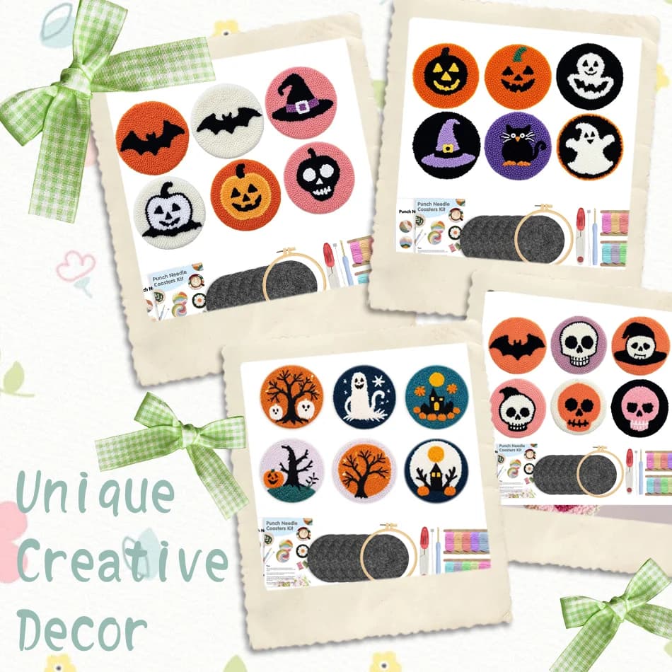 6pcs Halloween Punch Needle Coaster Kit Easy DIY Embroidery Art for Beginners Punch Needle Embroidery Kits for Adults Craft