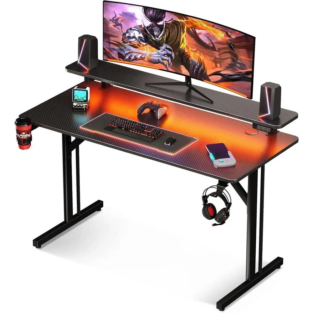 Scrivania da Gaming Compatta da 39 Pollici con Luci LED, Tavolo per Computer con Ripiano per Monitor, Scrivania per Gamer con Texture in Fibra di Carbonio, Ki