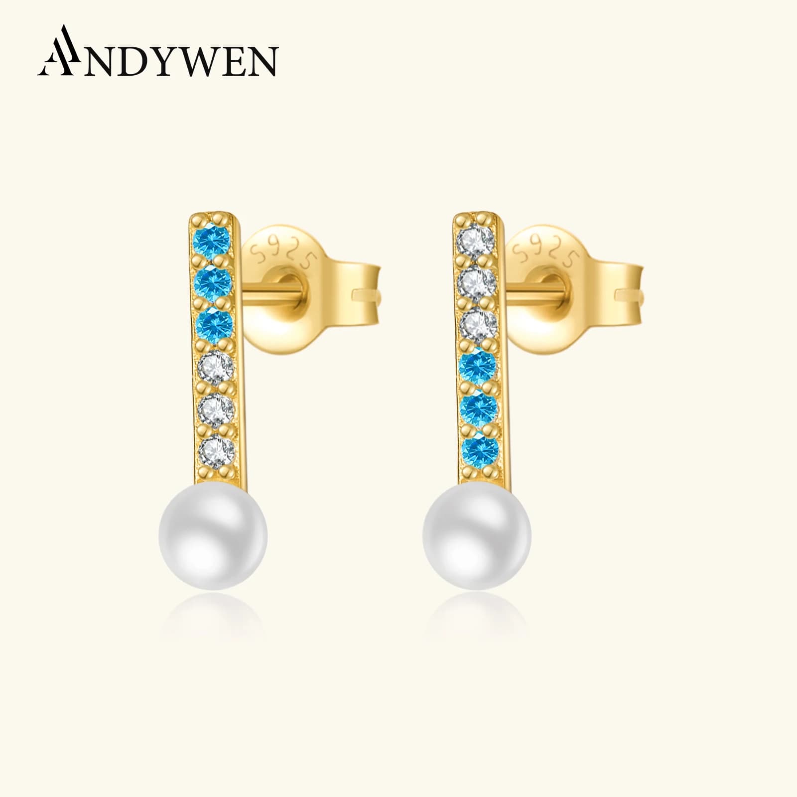 ANDYWEN 925 Sterling Silver Geometry CZ azzurro zircone perla Piercing orecchini 2024 donne nuovo Design Fine gioielli regali