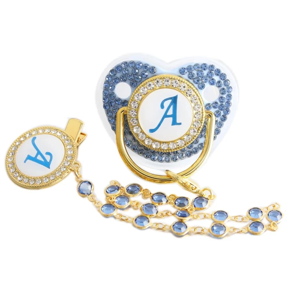 Ciuccio da 26 lettere Ciuccio blu per bambini con clip per gemme a catena di perline / Giocattolo per massaggiagengive