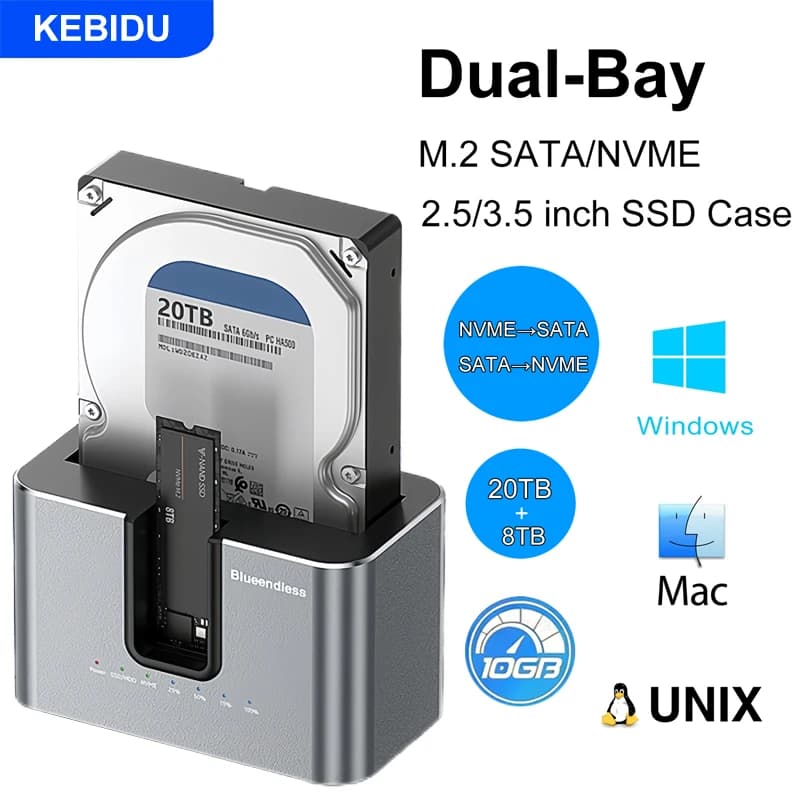Docking station per disco rigido dual-bay Custodia SSD NVMe/SATA M.2 Scatola SSD HDD da 2,5/3,5 pollici Custodia per clonazione offline Adattatore da 10 Gbps