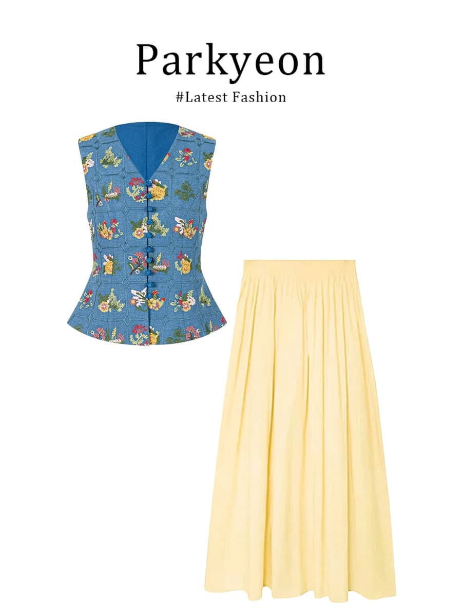 Set Retro Parkyeon and Women's High Waist Knee Set Yellow with Slender Design - Fashion Ensemble