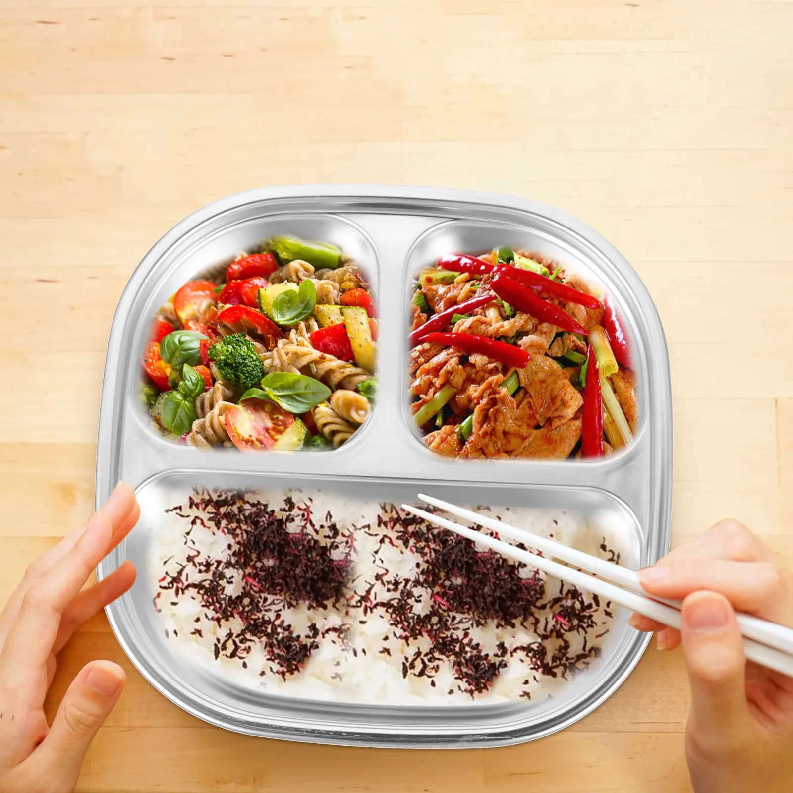 Stainless Steel Plate 304, Multi-Spartment Tray Ideal for Weight Control, Home, School, Asylum, Lunch