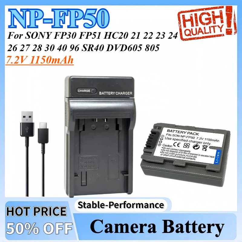 Batteria + caricabatterie NP-FP50 NP FP50 da 7,2 V 1150 mAh per SONY FP30 FP51 HC20 21 22 23 24 26 27 28 30 40 96 SR40 DVD605 805