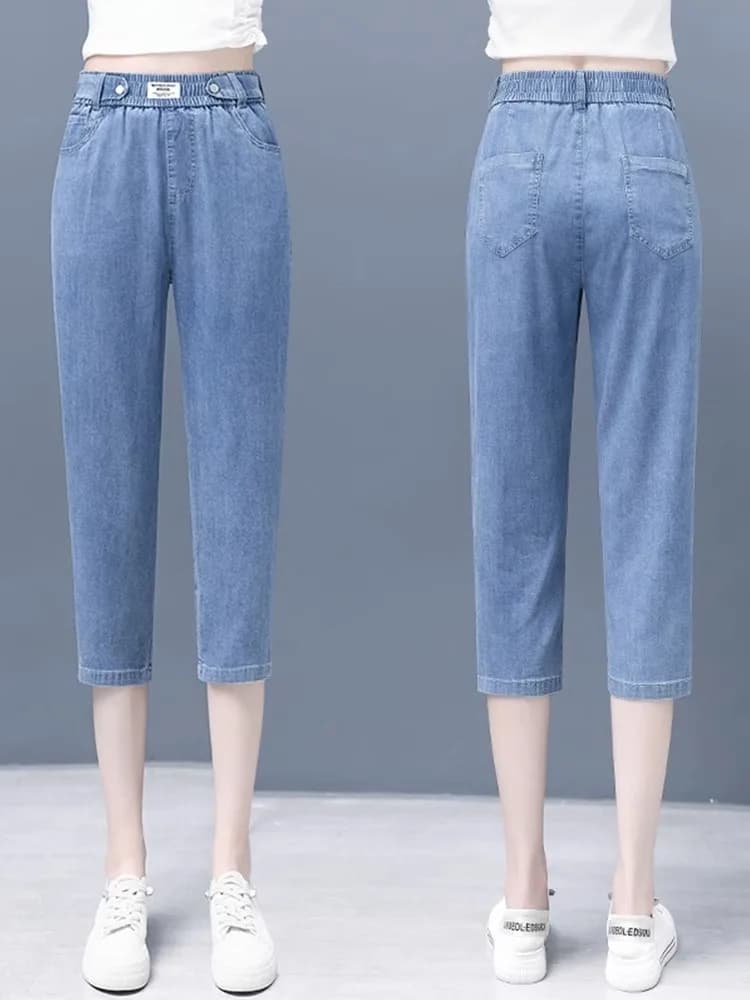 Jeans in Denim Sottile a Vita Alta in Seta Ghiaccio, Pantaloni Harem a Sette Ottavi per Donna, Primavera Autunno Estate, Sensazione Fresca