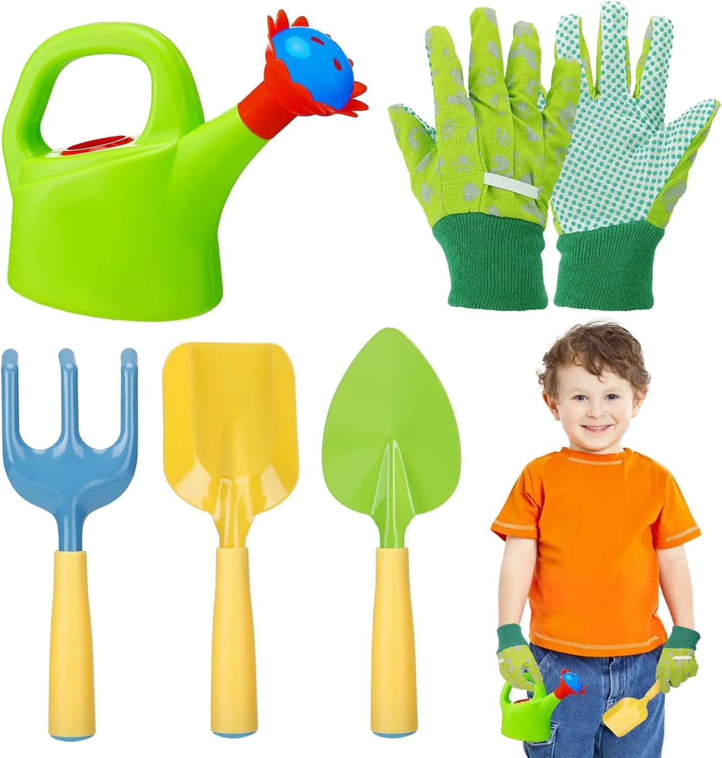 Set di Attrezzi da Giardinaggio per Bambini con Annaffiatoio, Pala in Metallo, Rastrello e Guanti - Regalo Giocattolo da Esterno per Bambini