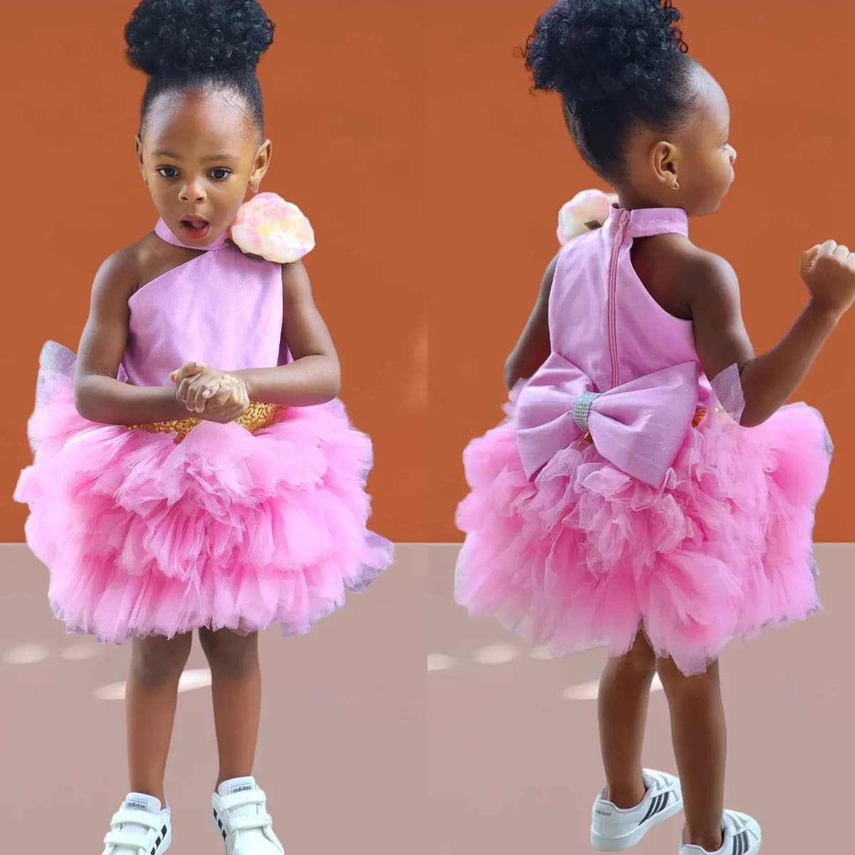 Abiti da ragazza di fiore rosa corti con collo alto, lettiera in tulle a strati personalizzata, abiti da compleanno per neonate, abiti per bambini per matrimonio