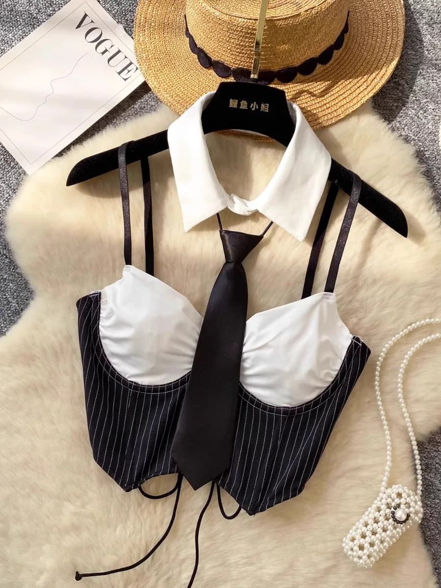 Foamlina Halter Neck Tie Color Block Office Style Canotta Top Fashion High Street Y2k Girl's Summer New Cutout Camicetta Crop
