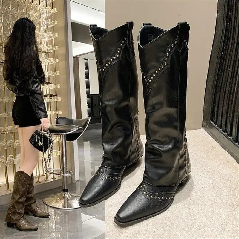 Retro Rivet High Tube Boots Women's Boots Versatile Western Cowboy Knight Boots PU Leather Flat Heel round Toe TPU Outsole