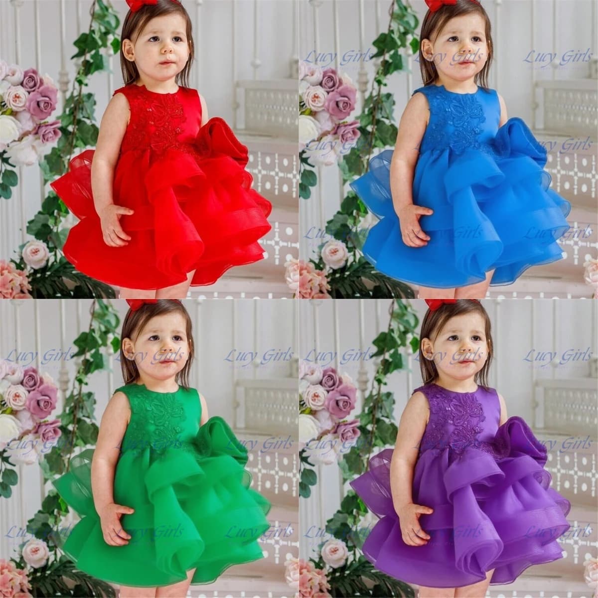 Abito da ragazza di fiore rosso adorabile per bambine, applicazioni a strati gonfie in tulle per abiti da spettacolo di bellezza per feste di compleanno, balli nuziali