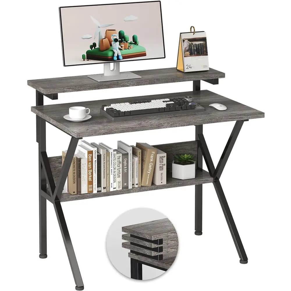 Piccola scrivania, piccola scrivania per computer per piccoli spazi, scrivania per computer da 27,5 pollici con supporto per monitor regolabile, scrivania compatta con spazio di archiviazione