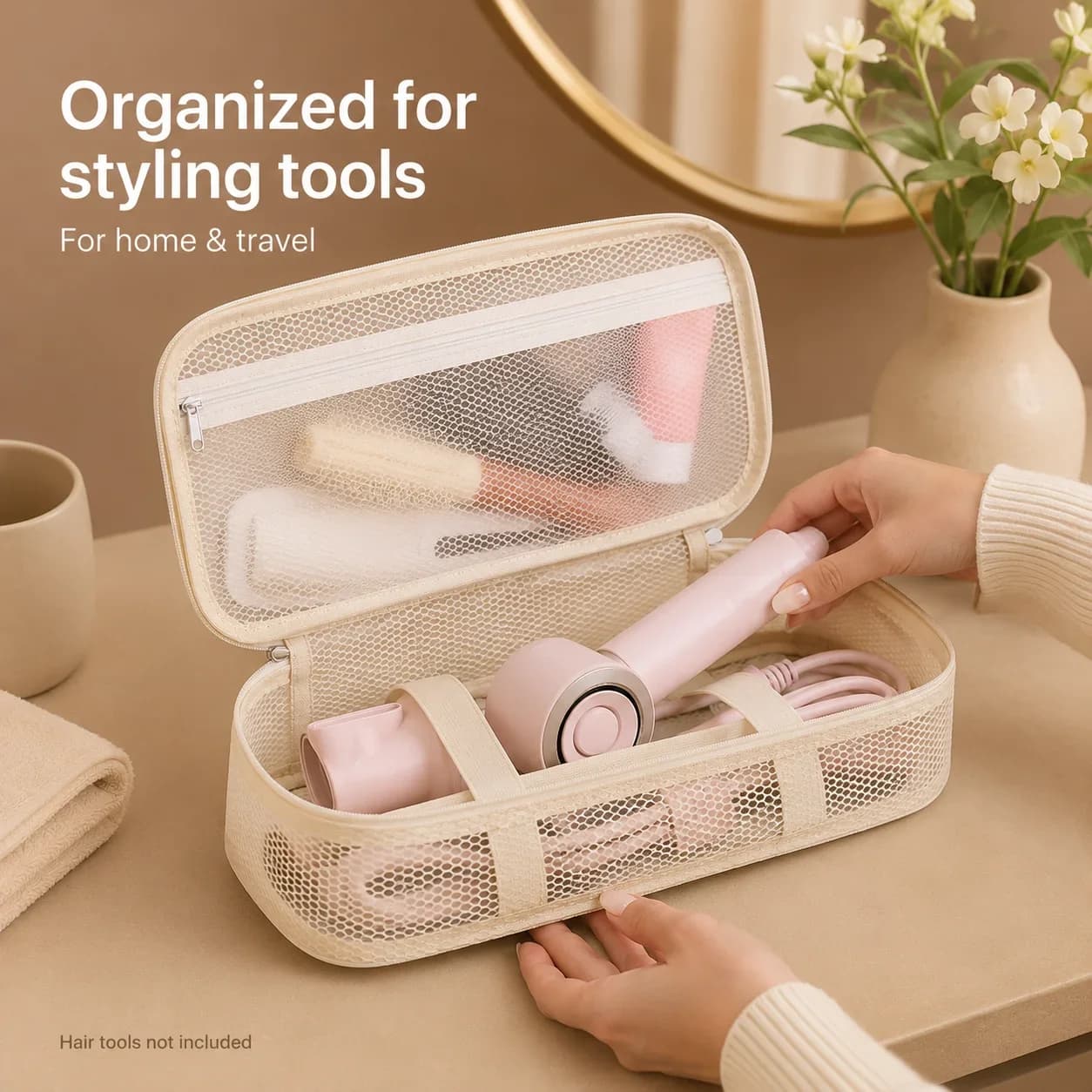 Travel Hair Tool Organizer Mesh Storage Bag Dual Layer Hair Dryer Case for Straightener Curling Iron Toiletry Makeup Cable Items