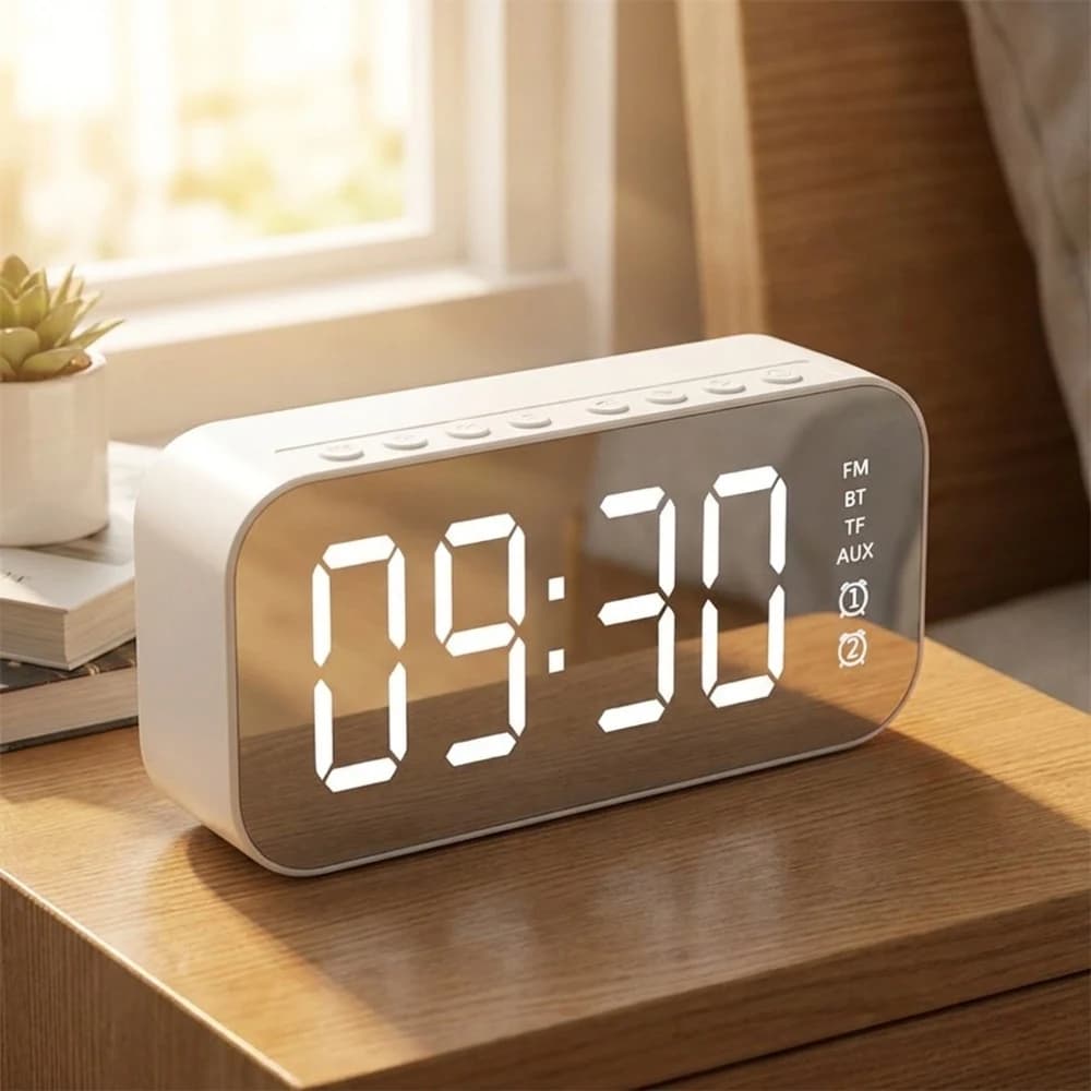 Grande Sveglia con Schermo LED a Specchio, Display Digitale Portatile, Doppio Allarme Intelligente con Ricarica Wireless, FM, Bluetooth, TF, AUX